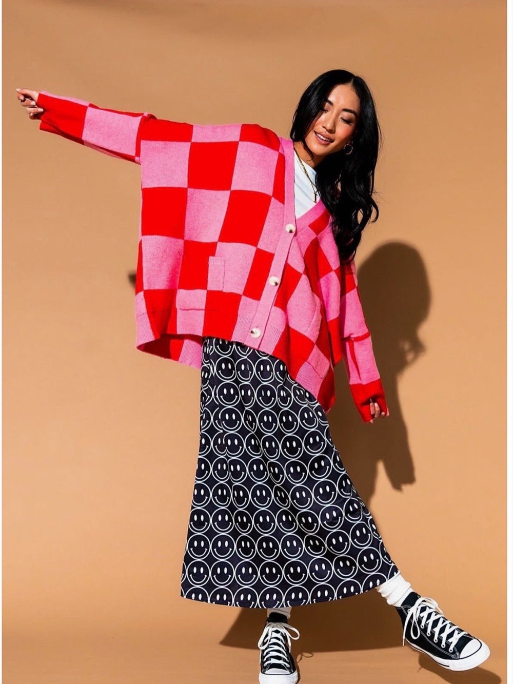 Dressed in LALA Love You Oversized Cardigan in Pink and Red Colorway